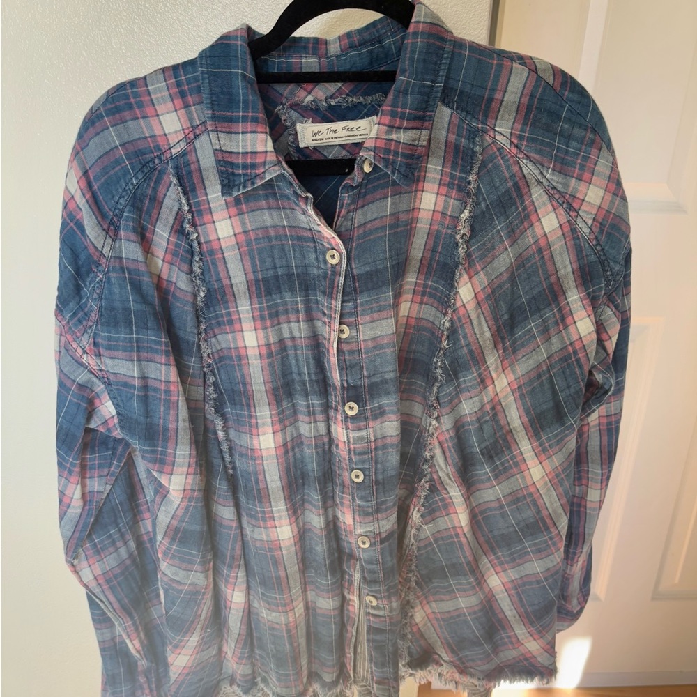 Free People Blue and Pink Casual Button Down Shirt